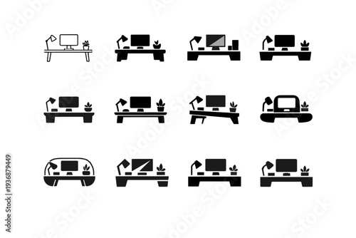 aesthetic desktop setups. Icon set. Set Logo of aesthetic desktop setups: minimalist desk. harmonious logo variations of the same emblematic concept, each with