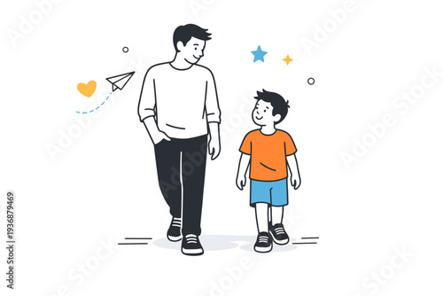 Reconnecting with inner child. An adult and a child version walking side by side, calm movement and relaxed body language. The scene suggests reconnection,