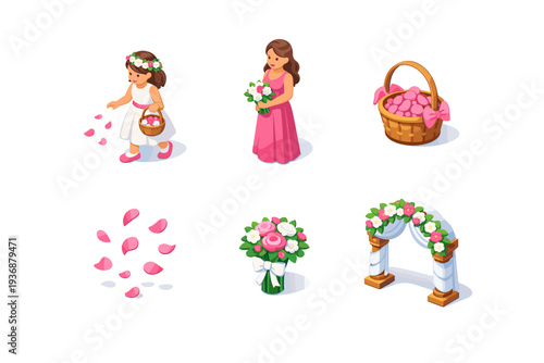 wedding party. Isometric flat vector icons set of wedding party: flower girl walking, bridesmaid beside her, flower basket, petals flying, small bouquet,