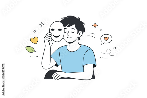 Unmasking moment. A character gently removing a symbolic mask, with relaxed posture and soft shapes floating around. Sense of relief, authenticity, and calm