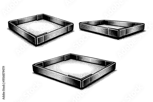 Pizza box base A pizza box base with reinforced bottom folds and cardboard layering, presented in three angles to emphasize volume and structure. Black and