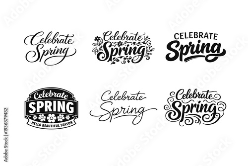 Celebrate Spring. Set lettering. harmonious lettering variations of the same emblematic concept, each with different artistic interpretation (Elegant script
