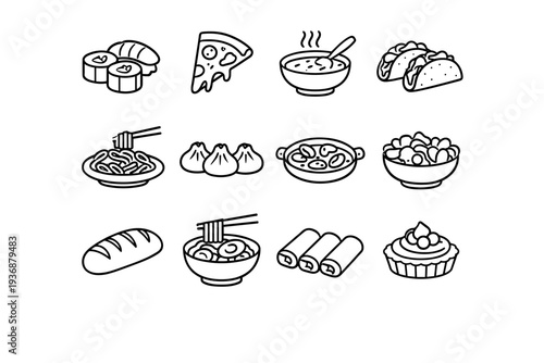 International Cuisine. Line icon set of International Cuisine: sushi, pizza slice, curry bowl, tacos, pasta plate, dumplings, paella, salad, bread loaf, ramen