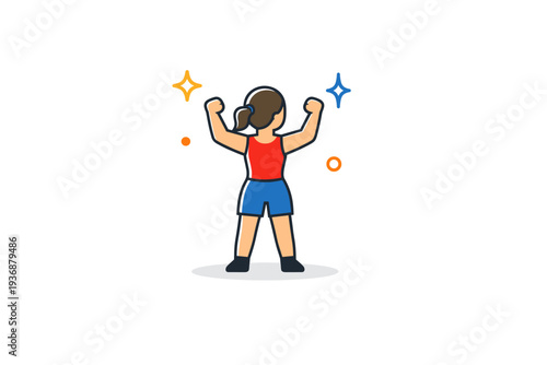 Strong woman inspiration captured by a small figure raising hands in victory surrounded by minimal star and spark accents, conveying empowerment,