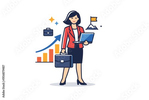 Women in business depicted as a confident professional standing with a laptop and briefcase, expressing leadership, ambition, and modern career success. A bold