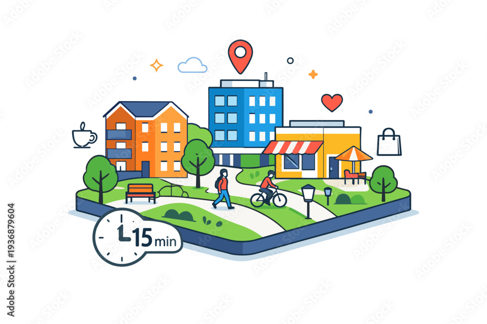 Obraz premium minute city urban planning idea illustrated by a compact city block with mixed-use buildings, trees, and paths, suggesting smart density and reduced need for
