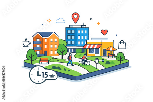 minute city urban planning idea illustrated by a compact city block with mixed-use buildings, trees, and paths, suggesting smart density and reduced need for