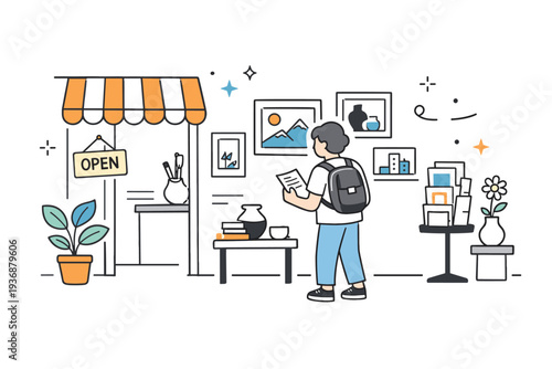 Discovering local gems. A relaxed scene of a person stopping by a small local shop or gallery, warmly interacting with the space. Friendly atmosphere and