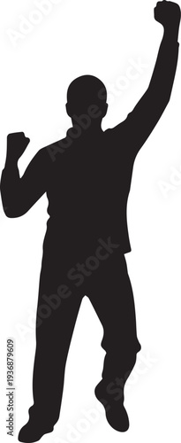 Man silhouette vector illustration with one arm raised in celebration line art design