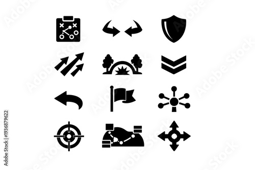 Battlefield Tactics. Solid icon set of Battlefield Tactics: strategy map, flanking arrows, defense shield, attack arrows, ambush symbol, frontline marker,