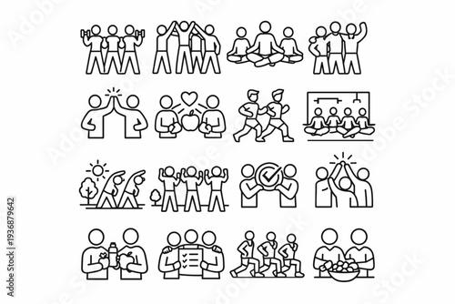 Social Fitness Lifestyle. Line icon set of Social Fitness Lifestyle: friends gym class, community workout, group wellness, active social life,
