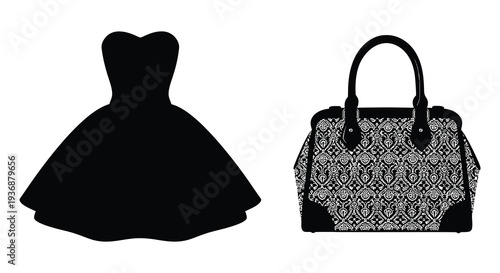 A black silhouette of a dress paired with a patterned handbag both on a white background
