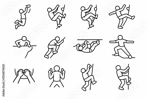 Bouldering Techniques. Line icon set of Bouldering Techniques: dyno jump, heel hook move, toe hook move, flagging technique, mantle move, slab climbing,