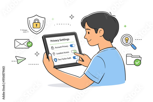 Cyber privacy awareness. A person adjusting privacy settings on a tablet, focused interaction with clear interface elements. Calm and friendly approach to