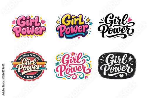 Girl Power. Set lettering. harmonious lettering variations of the same emblematic concept, each with different artistic interpretation (Rounded bubble playful