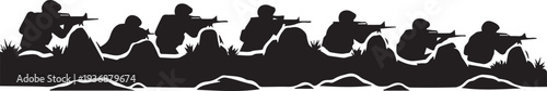 Modern infantry soldiers firing from trench in silhouette illustration vector line art style