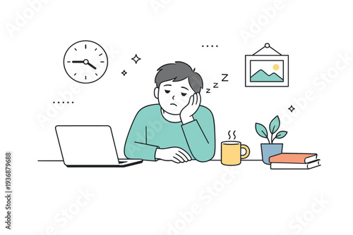 Living with constant exhaustion. A person sitting at a desk with low energy but organized surroundings, expressing normalized fatigue. Quiet, honest editorial