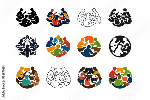 Indie music jam sessions. Icon set. Set Logo of Indie music jam sessions: group of musicians in a circle. harmonious logo variations of the same emblematic
