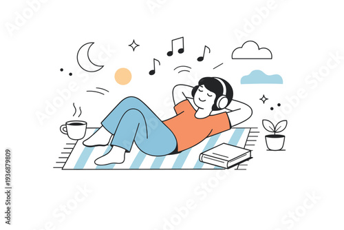 Home relaxation. A peaceful scene with a person lying on a rug or sofa, listening to music or simply resting, abstract shapes suggesting calm and quiet. Sense