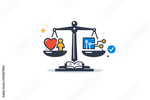 Ethical AI focused on responsible decision making as a balanced scale icon connects human values and abstract algorithm shapes, conveying fairness,