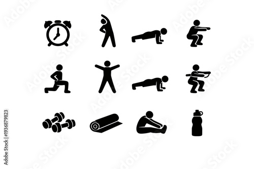 Daily Workout Routine. Solid icon set of Daily Workout Routine: alarm clock, warm up stretch, push ups, squats, lunges, jumping jacks, plank