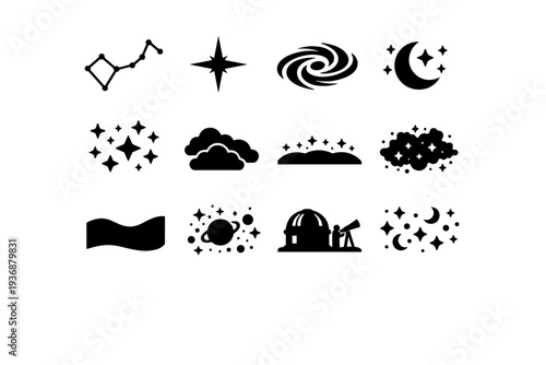 Night Sky. Solid icon set of Night Sky: constellation lines, north star, galaxy spiral, moon and stars, scattered stars, night clouds, horizon stars, cosmic