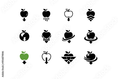 Physics discoveries. Icon set. Set Logo of physics discoveries: gravity apple symbol. harmonious logo variations of the same emblematic concept, each with