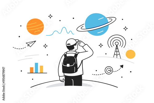 Future exploration. A character looking at a horizon with abstract planets, charts, or signals, symbolizing curiosity about what comes next. Optimistic and