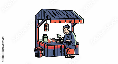 Japanese vendor in traditional clothing at a street food stall with a basket of produce and a smartphone
