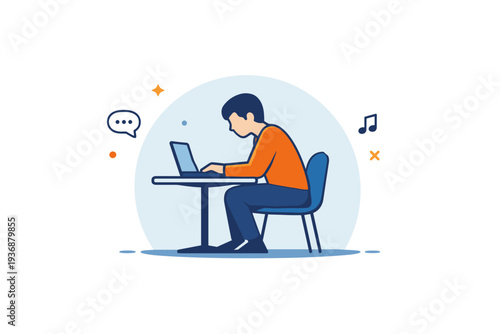 Remote work isolation conveyed through a single person sitting at a laptop in a quiet space, expressing distance, silence, and reduced social connection. A