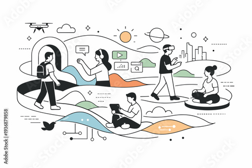 Future perception and synthetic worlds. A hopeful scene of people calmly navigating layered realities, moving through abstract digital landscapes.