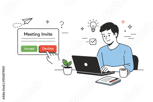 Reducing meeting overload. A person calmly declining a meeting invite and choosing focused work instead. Thoughtful editorial moment about efficiency and