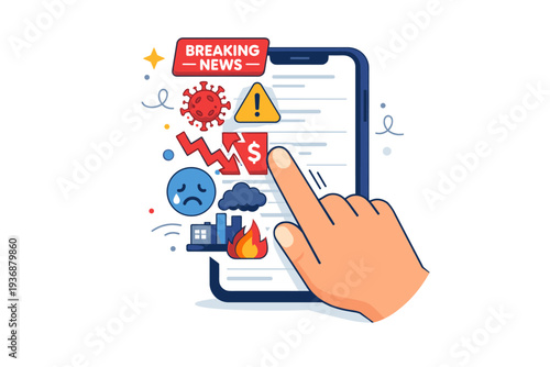 Doomscrolling habit visualized through a hand endlessly scrolling past negative news icons, representing information overload and emotional exhaustion. The