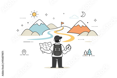 Exploration concept. A person standing with a map and compass, looking toward abstract mountains and paths ahead. Calm sense of curiosity, discovery, and
