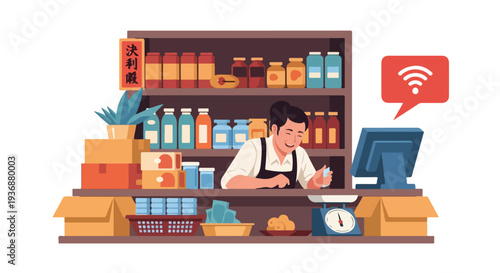 Small business owner in a convenience store using a smartphone and wifi, serving customers with a smile