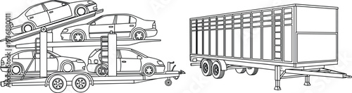Car carrier trailer and cargo transport vehicle outline icon set logistics shipping vector symbols collection