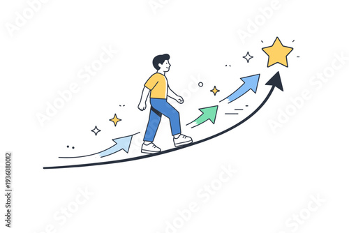 Building confidence. A gradual upward path with a person taking small steps forward, calm determination and steady growth. Soft arrows and stars symbolize