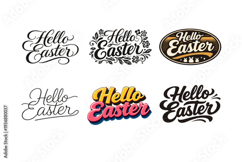 Hello Easter. Set lettering. harmonious lettering variations of the same emblematic concept, each with different artistic interpretation (Elegant script with