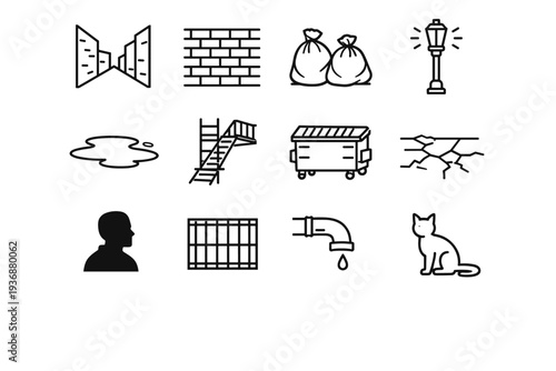 Dark Alley. Line icon set of Dark Alley: narrow alleyway, brick walls, trash bags, street puddle, flickering streetlight, fire escape ladder, metal dumpster,
