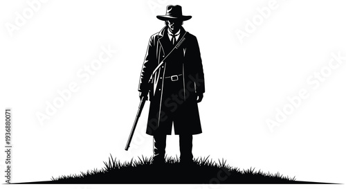 A stark black and white illustration of a lone figure resembling a western outlaw or gunslinger high quality