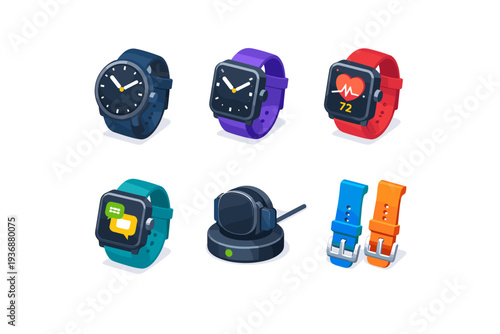Smartwatch. Isometric flat vector icons set of smartwatch: round smartwatch, square smartwatch, heart rate screen, notification screen, charging