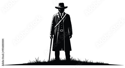 A striking black and white illustration of a man in a hat and long coat standing in grass