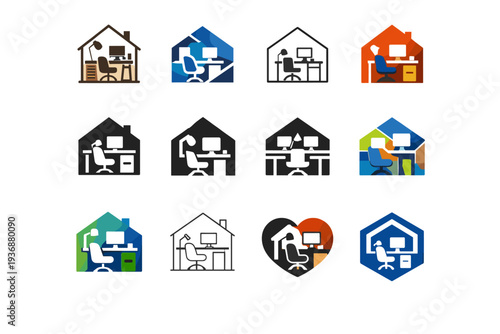 Setting up a home office. Icon set. Set Logo of Setting up a home office: home workspace corner. harmonious logo variations of the same emblematic concept,