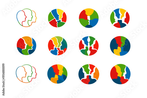 community of all colors. Icon set. Set Logo of community of all colors: mosaic human faces. harmonious logo variations of the same emblematic concept, each