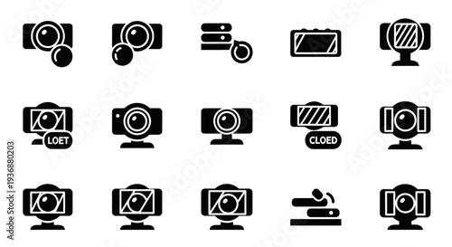 Collection of camera and monitor icons representing various photography and surveillance concepts from a straightforward frontal viewpoint