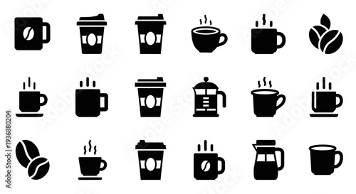 Collection of various coffee cups and coffee-related icons depicted in a grid layout