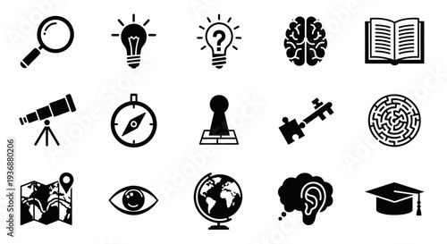 Collection of educational icons representing learning and discovery through various symbols and objects displayed together