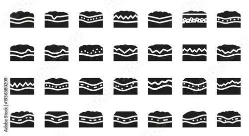 Collection of various layered cake icons with different frosting designs displayed in a grid pattern