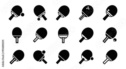 Collection of table tennis paddles and balls in various action poses and angles