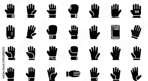 Collection of various hand gestures and signs depicted in simple black silhouettes on a clean background viewed from directly above